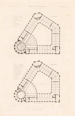 Museum für Völkerkunde, Berlin: Grundriss EG, 1.OG (aus: Atlas zur Zeitschrift für Bauwesen, hrsg. v. F. Endell, Jg. 37, 1887)