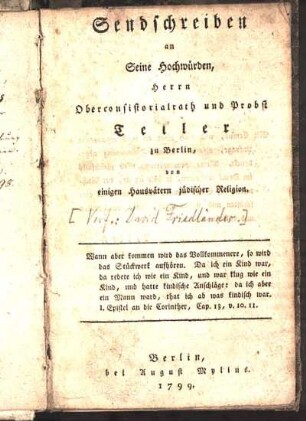 Sendschreiben an Seine Hochwürden, Herrn Oberconsistorialrath und Probst Teller zu Berlin, von einigen Hausvätern jüdischer Religion