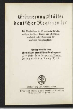 Titelblatt der Reihe - Erinnerungsblätter deutscher Regimenter