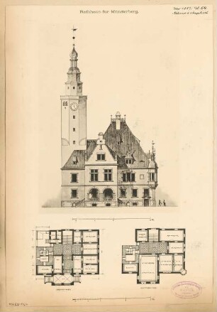 Rathaus, Münsterberg Monatskonkurrenz April 1887: Grundriss Erdgeschoss, Obergeschoss, Aufriss Vorderansicht (Eingang); 2 Maßstabsleisten