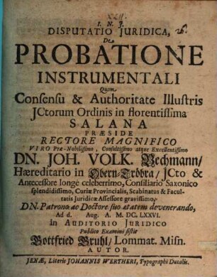 Disputatio juridica, de probatione instrumentali