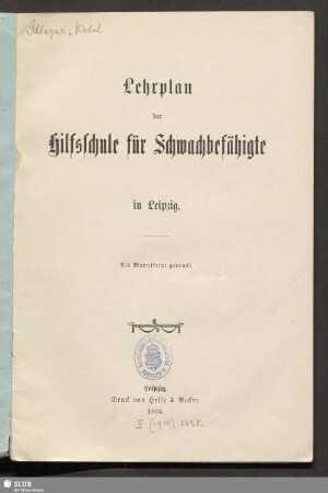 Lehrplan der Hilfsschule für Schwachbefähigte in Leipzig