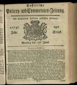 29tes Stueck, Montag den 19ten Julius 1773