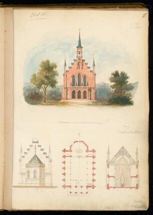Dorfkirche für 250 Personen Monatskonkurrenz Mai 1864: Grundriss Aufriss Eingangsansicht, Choransicht, Querschnitt (Richtung Altar); Maßstabsleiste