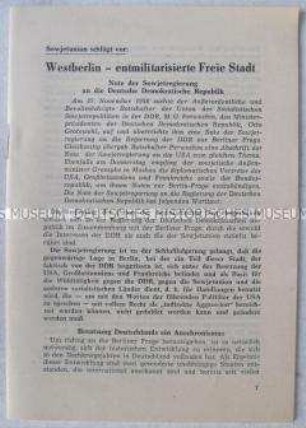 Dokumentation der UdSSR-Noten, Interviews und Stellungnahmen zum UdSSR-Vorschlag über Westberlin als entmilitarisierte, freie Stadt
