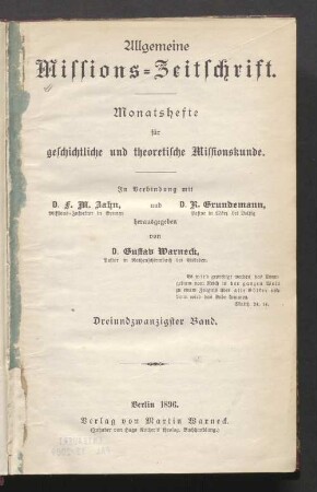 23.1896: Allgemeine Missions-Zeitschrift : Monatsh. für geschichtl. u. theoret. Missionskunde
