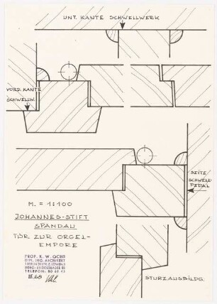 Johannesstift Berlin-Spandau Stiftskirche. Neue Orgel: Detail der Tür Orgelempore 1:100