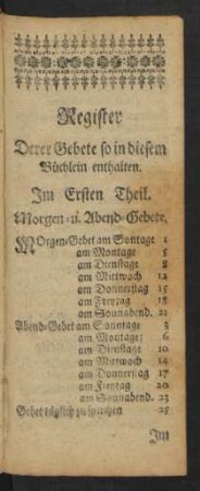 Register Derer Gebete so in diesem Büchlein enthalten.