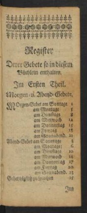Register Derer Gebete so in diesem Büchlein enthalten.