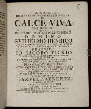 Dissertatio Inauguralis Medica De Calce Viva