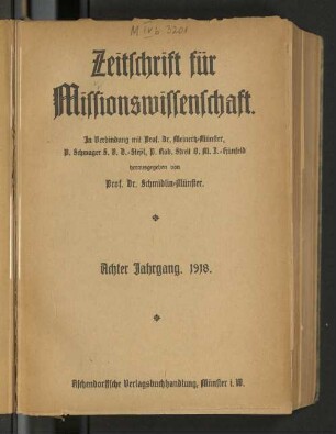 8.1918: Zeitschrift für Missionswissenschaft und Religionswissenschaft : ZMR
