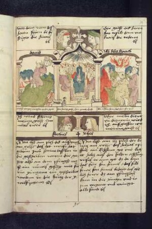 (1) Antitypus: Pfingsten; Typen: (2) Moses empfängt die Gesetzestafeln ; (3) Opfer des Elias; (4) Propheten-Brustbilder