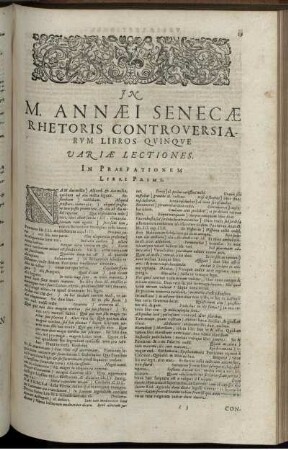 In M. Annaei Senecae Rhetoris Controversiarum Libros Quinque Varia Lectiones