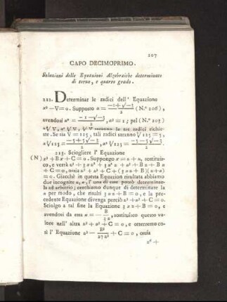 Capo Decimoprimo. Soluzioni delle Equazioni Algebraiche determinate di terzi, e quarto grado.