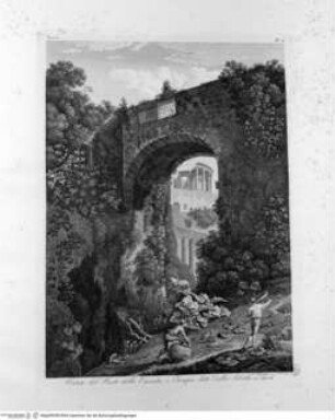 Raccolta delle vedute pittoresche di Roma e de suoi contorni ... volume 1. Parte 1., Tafel 5 (N. 4): Veduta del Ponte della Cascata, e Tempio detto della Sibilla a Tivoli