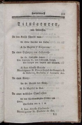 Titulaturen, von Addressen.