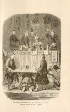 Prisoner condemned to the Cangue, in court. (His son praying to take his place)