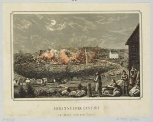 Stadtansicht von Johanngeorgenstadt im Erzgebirge am Breitenbach an der böhmischen Grenze, Ansicht am Abend nach dem Stadtbrand von 1867