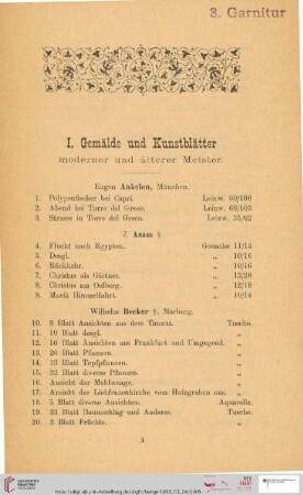 I. Gemälde und Kunstblätter älterer und moderner Meister (Nr. 1 - 209)