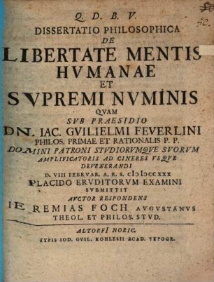 Dissertatio Philosophica De Libertate Mentis Hvmanae Et Svpremi Nvminis