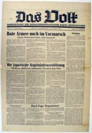 Tageszeitung der SPD für die Sowjetische Besatzungszone "Das Volk" zur Endphase des Krieges in Japan