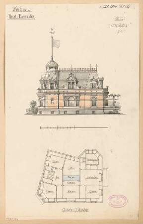 Wohnhaus, Eberswalde Monatskonkurrenz Juli 1880: Grundriss Dachgeschoss, Aufriss Straßenansicht; Maßstabsleiste