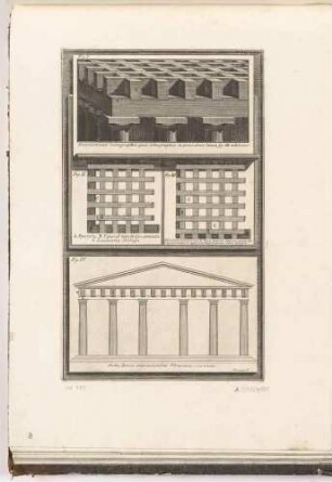 Drei Diagramme und ein Aufriss eines dorischen Tempels nach Vitruv, aus der Folge "Della Magnificenza ed Architettura de’ Romani", Tafel XXV.