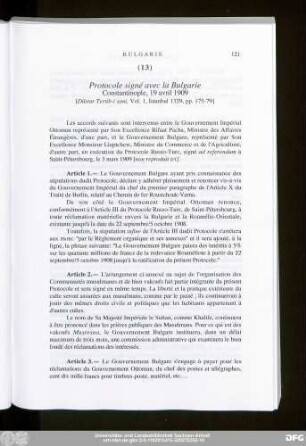 (13) Protocole signé avec la Bulgarie Constantinople, 19 avril 1909
