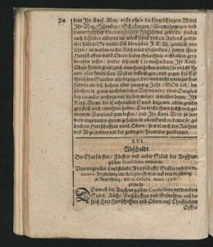 XVI. Abscheidt Der Churfürsten/ Fürsten und ander Ständ der Augspurgischen Confession verwandt. ... Anno 1576 gemacht.