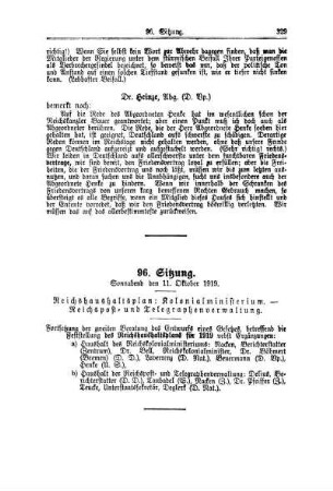 96. Sitzung. Sonnabend den 11. Oktober 1919