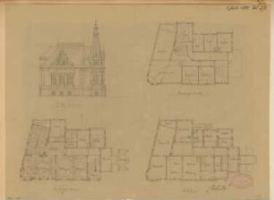 Wohnhaus, Eberswalde Monatskonkurrenz Juli 1880: Grundriss Keller, Erdgeschoss, Dachgeschoss, Aufriss Straßenansicht (Sandgasse)