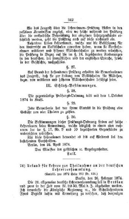 Urlaub für Lehrer zur Teilnahme an der deutschen Lehrerversammlung : [IV. Seminarien, Bildung der Lehrer und deren persönliche Verhältnisse]