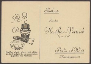 Werbepostkarte "Hortiflor-Vertrieb", Alexandrinenstraße 26