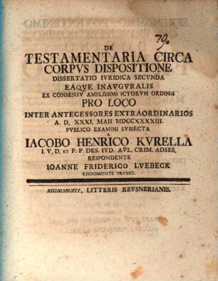 De testamentaria circa corpus dispositione diss. II.