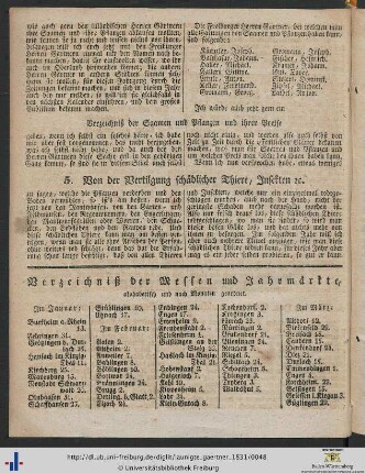 Verzeichniß der Messen und Jahrmärkte.