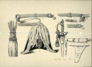 Uniformdarstellung, Detailstudie Schärpentroddel, Gürtel, Federhut, Degen und Halterungen der Generalität, Königreich Bayern, 1806/1859. Beiblatt 5 zu Tafel IV aus: Müller/Braun: Königl. Bayerische Armee.