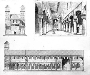 Hirsau, ehem. Benediktinerkloster St. Peter und Paul, Klosterkirche, Querschnitt, Innenansicht, Längsschnitt (graph. Rekonstruktion)