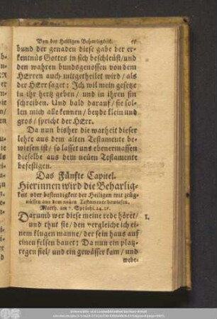 Das Fünfte Capitel. Hierinnen wird die Beharligkeit oder bestendigkeit der Heiligen mit zeügnüssen aus dem neuen Testamente bewiesen.