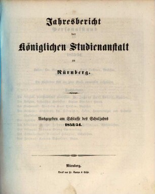 Jahresbericht der Königlichen Studienanstalt zu Nürnberg. 1853/54