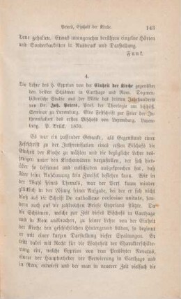 143-145 [Rezension] Peters, Johannes, Die Lehre des heiligen Cyprian von der Einheit der Kirche gegenüber den beiden Schismen in Karthago und Rom