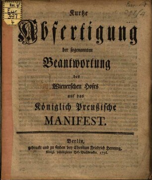 Kurtze Abfertigung der sogenannten Beantwortung des Wienerschen Hofes auf das Königlich-Preußische Manifest