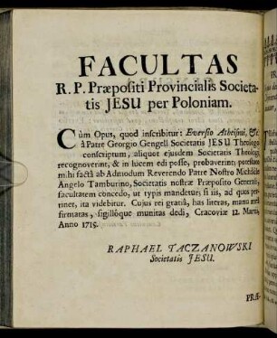 Facultas R.P. Præpositi Provincialis Societatis Jesu per Poloniam.