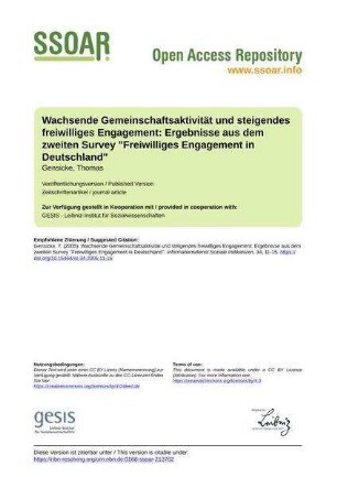 Wachsende Gemeinschaftsaktivität und steigendes freiwilliges Engagement: Ergebnisse aus dem zweiten Survey "Freiwilliges Engagement in Deutschland"
