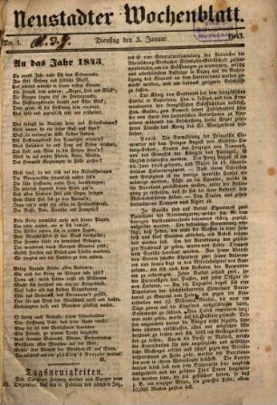 Neustadter Wochenblatt : Organ zur volksthümlichen Besprechung der Tages-Ereignisse, zur Unterhaltung, sowie zur Veröffentlichung von Anzeigen etc.. 1843