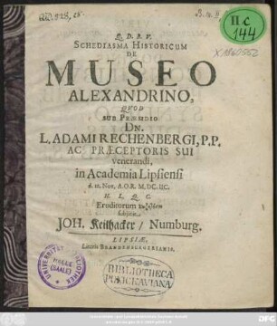 Schediasma Historicum De Museo Alexandrino