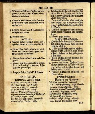 Epilogus. Nomina Actorum. = Schluß-Redner. Nahmen der Agenten.