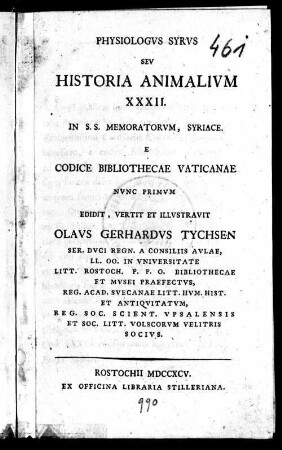 Physiologus Syrus Seu Historia Animalium XXXII : In S. S. Memoratorum, Syriace