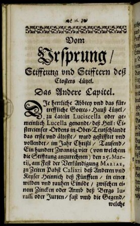 Vom Ursprung/ Stifftung und Stifftern deß Closter Lützel. Das Andere Capitel.