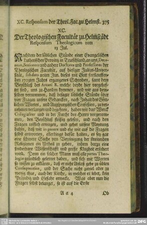 XC. Der Theologischen Facultät zu Helmstädt Responsum Theologicum vom 13 Jul.