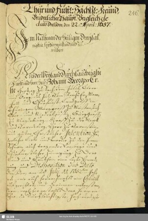 Chur- u. Fürstl: Sächß.: Freund-Brüderlicher Haupt-Vergleich de dato Dreßden, d. 22.4.1657